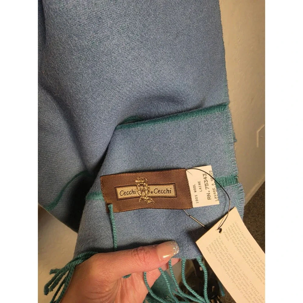Cecchi e Cecchi Italy blue green Scarf  striped  Eyelash Fringe Wrap 100% wool